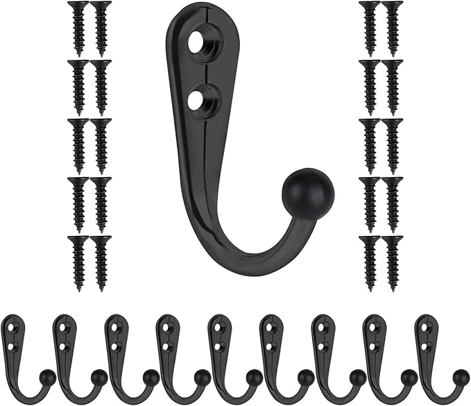 10 PCS Coat Hooks Wall Mounted, Premium Black Metal Wall Hooks for Hanging Coats, Wall Hook, Coat Hook, Towel Hooks for Hat Keys Closet Bag Backpack Hanger Farmhouse with 20Screws