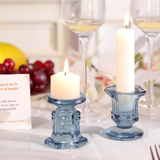 Blue Candlestick Holders Bulk, 12 Pcs Glass Candle Holders Set,Crystal Taper Candle Holder for Wedding, Table Centerpiece, Home Decoration
