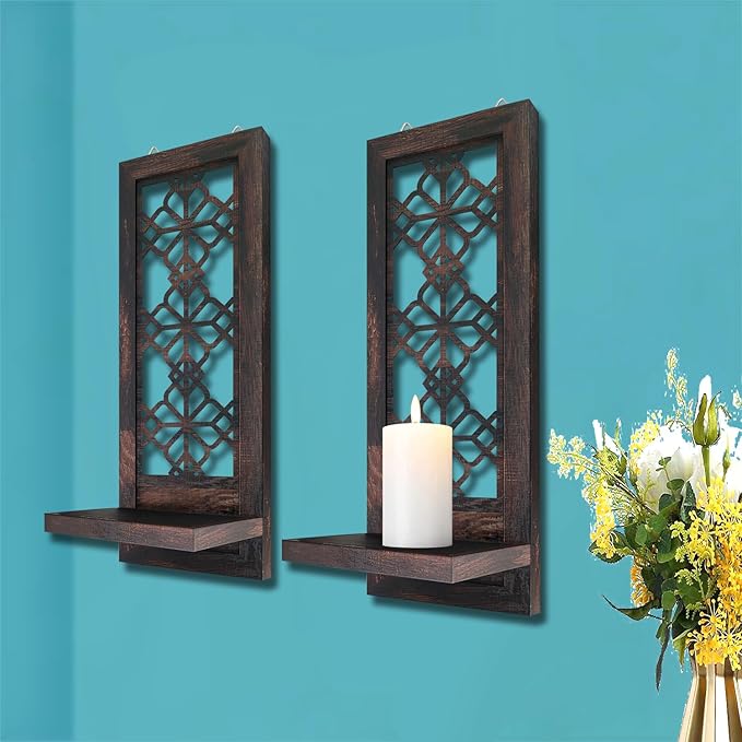 Set of 2 Candle Sconces, Farmhouse Accent Wall Sconce, Caramel Color Candle Holder Wall Decorations for Home Décor, Living Room, Dining Room.(15 x6 in)