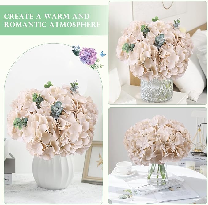 AVIVIHO Beige Hydrangea Artificial Flowers Bulk Pack of 10 Fake Flowers Hydrangea Silk Flowers with Stems for Western Boho Decor,Home,Wedding Party DIY Pampas Grass Florals Arrangement Decoration