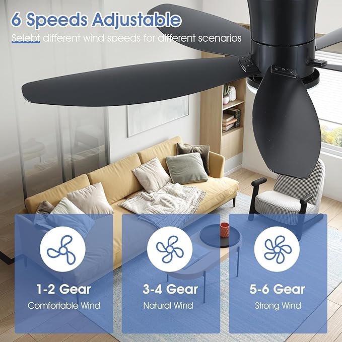 48" Ceiling Fans with Lights-Low Profile Ceiling Fan with Light and Remote/APP Control, Black Flush Mount Ceiling Fans,DC Reversible,LED Dimmable