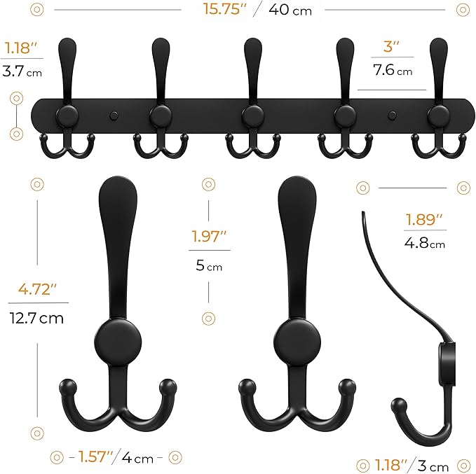 Coat Rack Wall Mount with 5 Tri Hooks, Stainless Steel 16 Inch – Black Matte Finish, Heavy Duty Wall Mounted Hook Rack for Coats, Hats, Towels, Scarfs, Robes, Bags, Entryway & Bathroom - 4 Pack