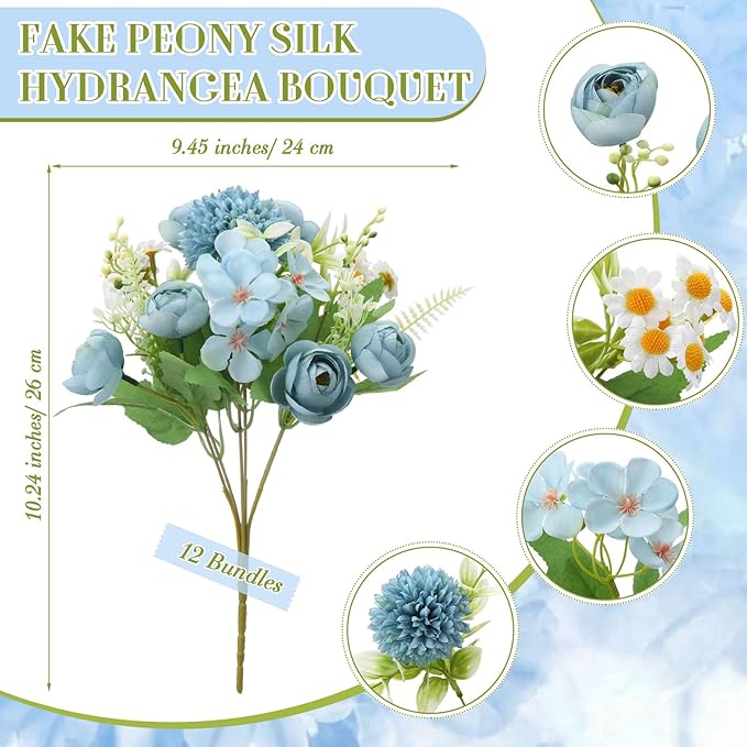 Tigeen 12 Bundles Peonies Artificial Flowers Faux Roses Silk Flowers Hydrangea Artificial Bouquet for Wedding Table Centerpiece Floral Vase Home Office Bridal Decor (Mist Blue)