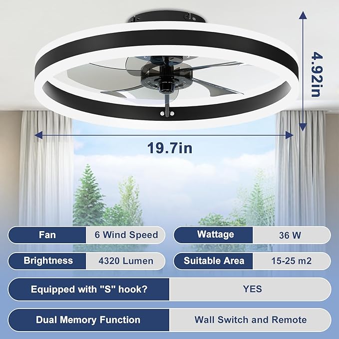 VOLISUN Low Profile Ceiling Fans with Lights and Remote, 19.7in Flush Mount Ceiling Fans with Light, 3000K-6500K Dimmable Fandelier LED Fan Light, Black Bladeless Ceiling Fans with Lights for Bedroom