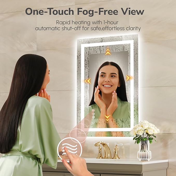 USHOWER LED Bathroom Mirror 20x28 Inch with Lights - Frameless Tempered Glass LED Backlit Lighted Mirror for Bathroom Vanity with Anti-Fog, 3 Colors Dimmable, Memory Function, Wall-Mounted