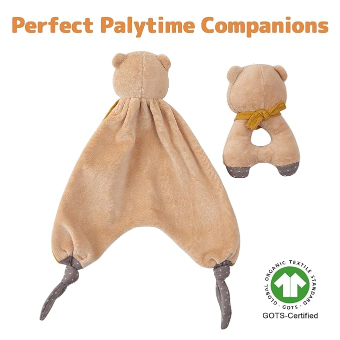 Organic Cotton Stuffed Animal Rattle Baby Toys, Plush Bear Cuddle Cloth and Hand Grip Ring Rattles Plush Toy Set for Newborns Infant Boys Girls, 2 PCS