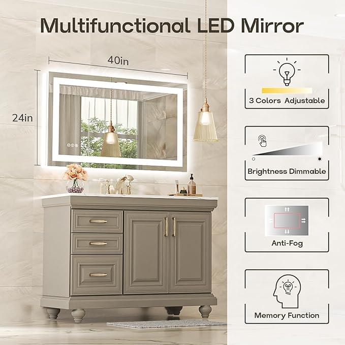 USHOWER LED Bathroom Mirror 40x24 Inch with Lights - Frameless Tempered Glass LED Backlit Lighted Mirror for Bathroom Vanity with Anti-Fog, 3 Colors Dimmable, Memory Function, Wall-Mounted