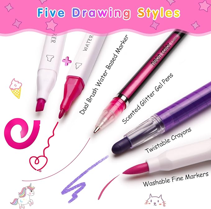beefunni Unicorn Washable Markers Set 48 pcs with Glitte Pencil Case, Art Supplies for Kids Ages 4-6-8, Arts Crafts Coloring Set with Stickers - Birthday Gifts for Girls 4 5 6 7 8 9 Year Old