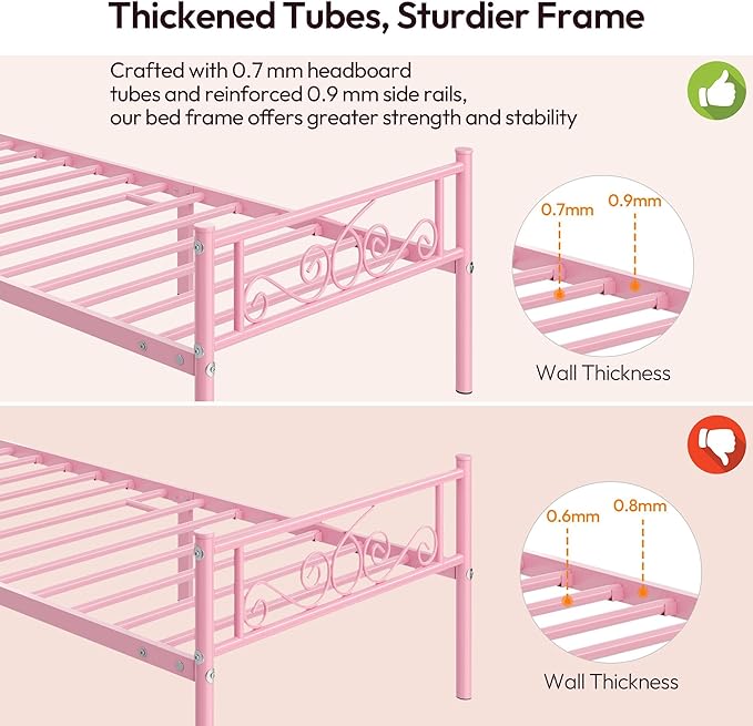 Yaheetech Twin Bed Frames Metal Platform Bed with Headboard and Footboard No Box Spring Needed Easy Assembly,Under-Bed Space: 12.6''/Pink/Twin Bed