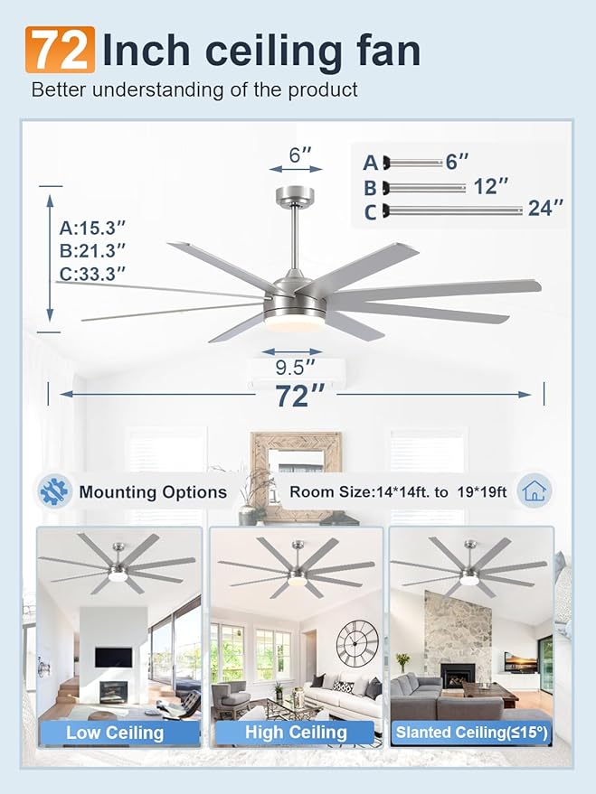 YUHAO 72 Inch Brushed Nickel Ceiling Fan with Light and Remote Control.Noiseless,Dimmable,3CCT,6 Speeds Reversible, DC Ceiling Fans for Indoor or Covered Outdoor