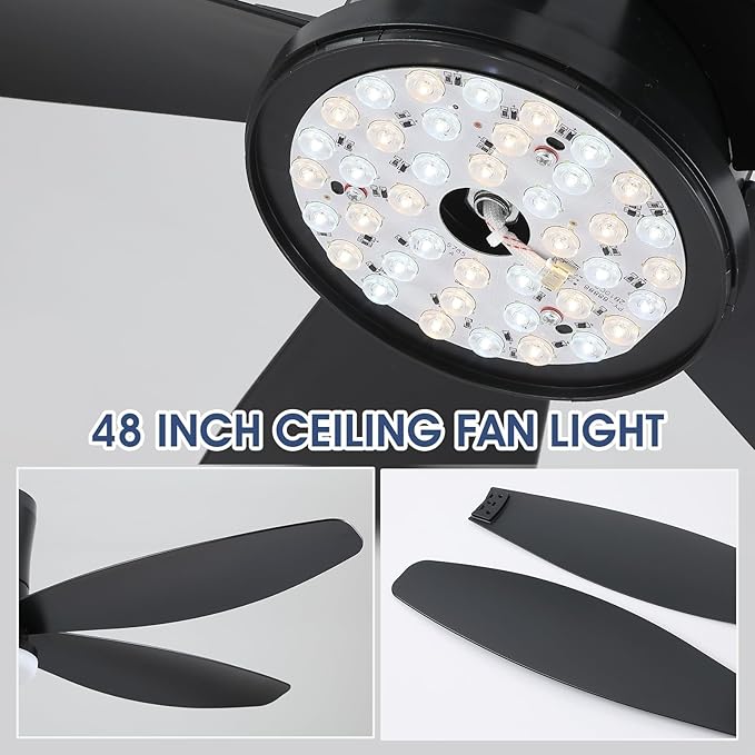 48" Ceiling Fans with Lights-Low Profile Ceiling Fan with Light and Remote/APP Control, Black Flush Mount Ceiling Fans,DC Reversible,LED Dimmable