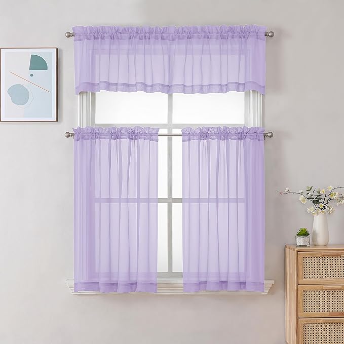Chyhomenyc Lilac Sheer Curtains 36 inch Length 2 Panels, Light Filtering Voile Rod Pocket Short Window Curtians for Bathroom Living Room Farmhouse Small Windows, 42Wx36L inches