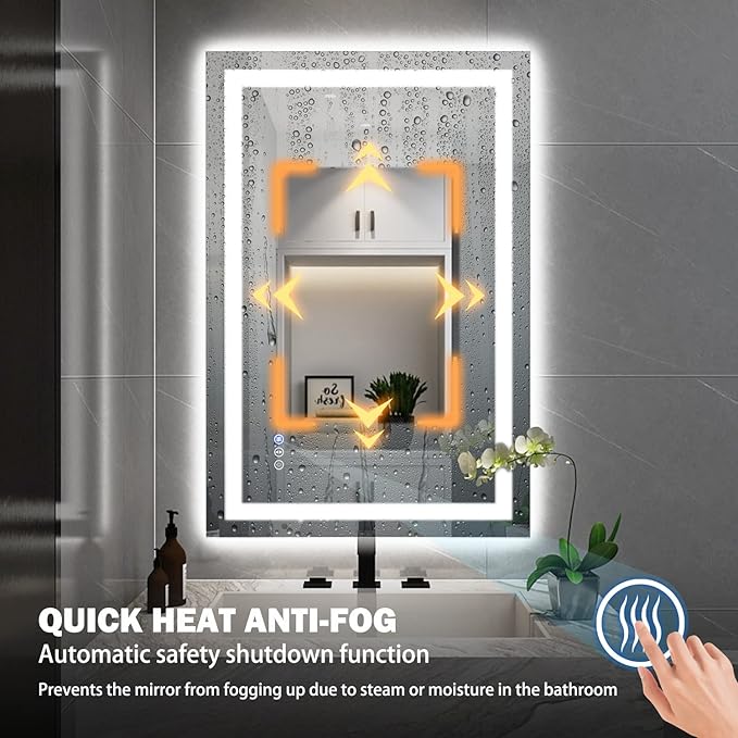 24''x36'' LED Bathroom Mirror with Front + Backlit, Tempered Glass Bathroom Mirror with Lights, Anti-Fog, 3 Colors with Stepless Dimmable Memory Bathroom Vanity Mirror for Wall, Shatterproof
