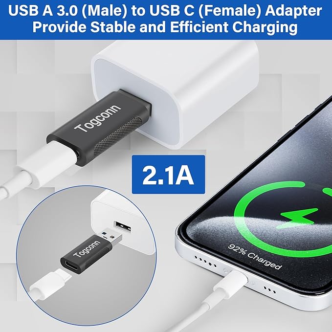 USB A to USB C Adapter (2 Pack), [Slim Design, Side-by-Side Use] USB 2.0 (Male) to USB C (Female) Charger Converter Connector for MacBook Pro, iPad Pro, iPhone 15 Series, Galaxy S23, Zinc Alloy Shell