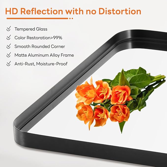 Bathroom Mirror 40x30 Inch Black Metal Framed Rounded Rectangle Vanity Mirror for Wall, Over Sink, Farmhouse, Restroom, Anti-Rust, Modern Decorative, Horizontal or Vertical Hanging