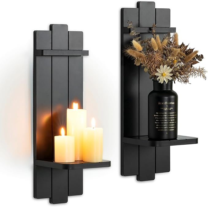 Black Candle Holder Wall Decor - 19.7 Inch Large Rustic Wooden Candle Sconces Wall Shelf for Pillar Candles Vases - Gothic Decoration for Halloween Bathroom Living Room