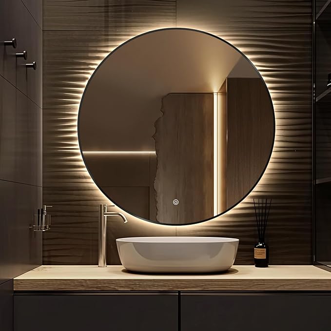 26" Round LED Bathroom Mirror, Wall Mounted Backlit Vanity Mirror with 45° Beveled Frame Lighted Mirror for Bedroom, Fog Free 3-Color Dimmable Lights Memory Function, Black