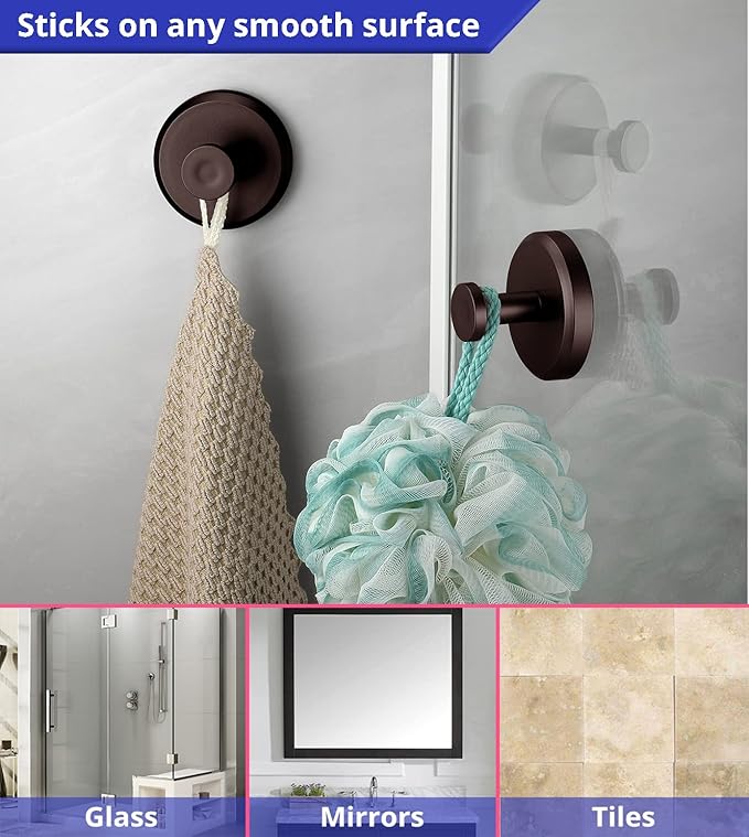 HOME SO Suction Cup Hooks for Shower, Bathroom, Kitchen, Glass Door, Mirror, Tile – Loofah, Towel, Coat, Bath Robe Hook Holder for Hanging up to 15 lbs – Waterproof & Rustproof, Dark Bronze (4-Pack)