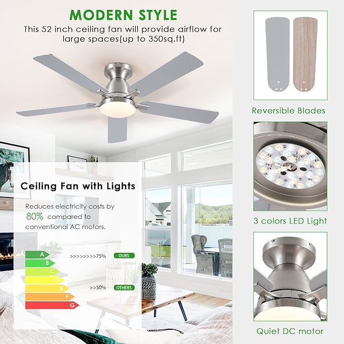 Ceiling Fans with Lights, 52" Flush Mount Ceiling Fan with Light and Remote/APP Control, Low Profile, Modern Ceiling Fan Reversible, Dimmable, Noiseless, Ceiling Fan for Bedroom，Brushed Nickel