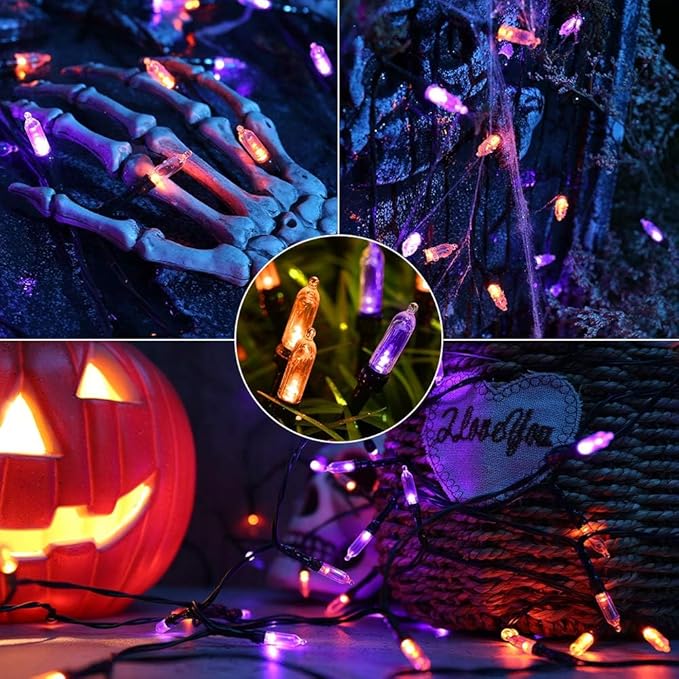 LYHOPE Orange Purple Halloween Lights Indoor, 2 Pack Total 66ft 200 LED Battery Halloween Light with 8 Mode, Timer, Waterproof Battery Operated String Lights for Home Tree Wreaths Party Holiday Decor