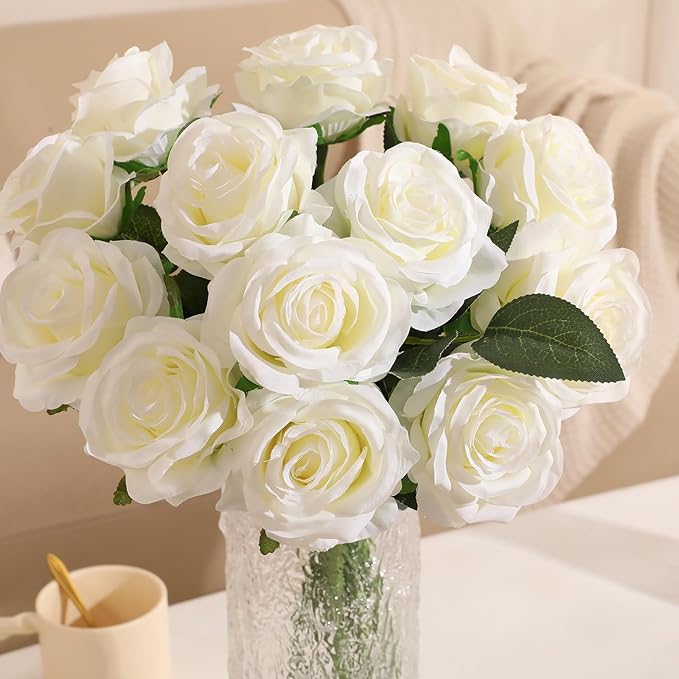 JUSTOYOU 30PCS Artificial Roses Silk Flowers in Bulk, Realistic White Fake Roses for Wedding Decorations, Home Decor, Centerpieces, Indoor Floral Arrangements