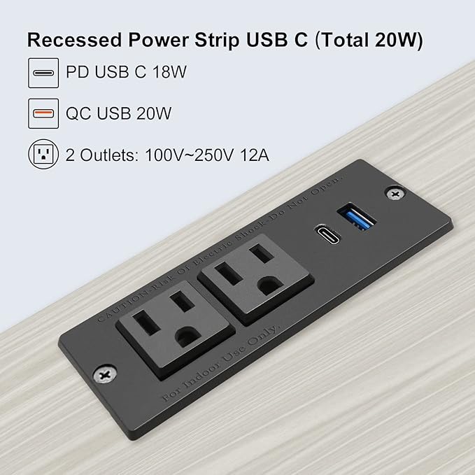 USB C Recessed Power Strip Fast Charge Desktop Power Station 2 Outlets 2 USB (PD20W & QC18W, Total 20W) Mountable Flat Plug 10'ft Extension Cord Mount for Tabletop Sofa Cabinet Nightstand