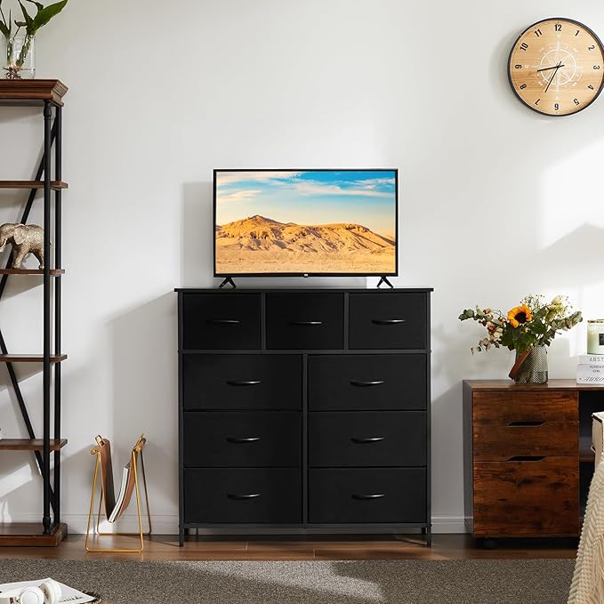 DUMOS Dresser for Bedroom, Storage Organizer with 9 Drawers, Chest of Drawers with Fabric Bins, Sturdy Metal Frame, Wood Tabletop for Guest Room, Closet, Entryway, Nursery