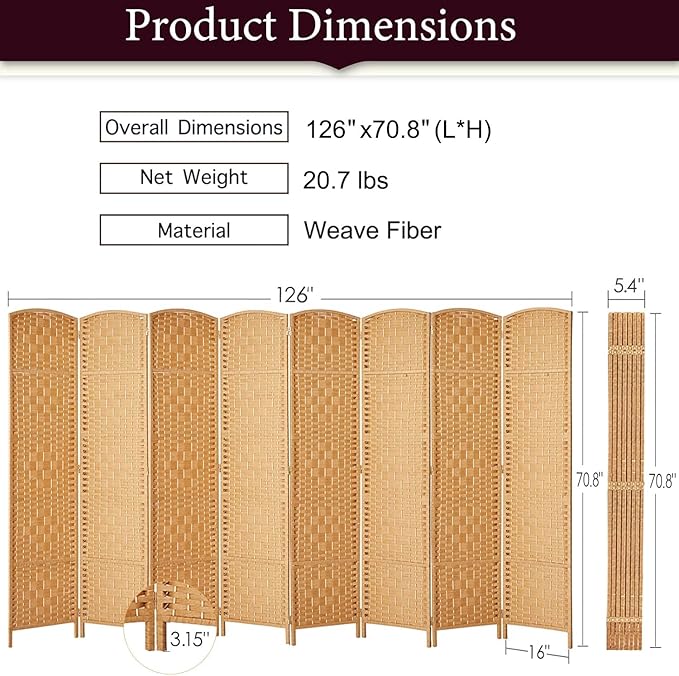 Rose Home Fashion 6 ft Tall Room Divider, Room Dividers and Folding Privacy Screens, 15.7in Privacy Screen 8 Panel Partition Temporary Wall Separation for Private, Light Beige