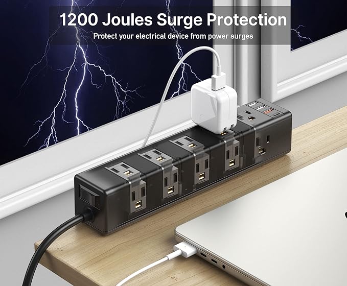 CCCEI Standing Desk Clamp Power Strip with 15 Outlets, Black Desktop Edge Mount Surge Protector Outlet, Fast Charging USB-A and 45W USB-C Ports, 10 FT Flat Plug, Black Fit 1.6 inch Table top.