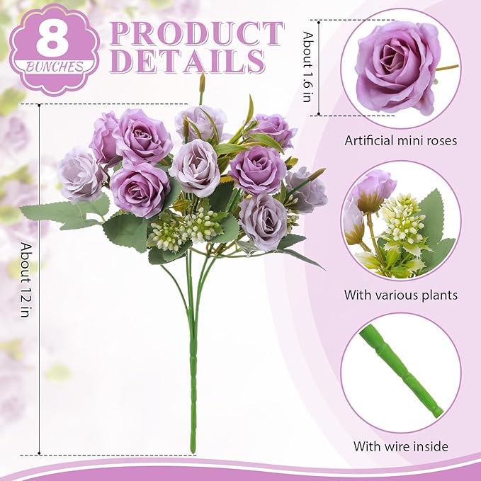 Zeyune 8 Pack 12 Inch Wedding Bouquets for Bride Bridesmaid Purple and Lilac Artificial Rose Bouquet Fake Silk Roses Flowers Bunches Bulk for Home Office Garden Parties Decoration