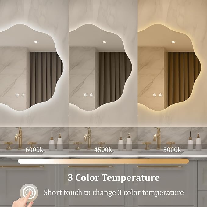 WallBeyond LED Bathroom Mirror with Lights, 20'' Wavy Round Light Up Bathroom Mirror, Anti Fog Led Mirror for Bathroom, 3 Colors and Dimmable Light