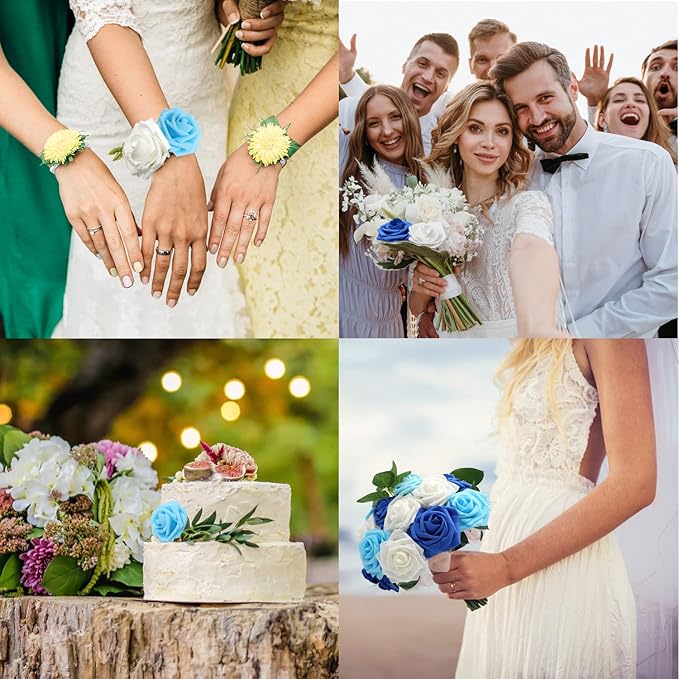JOYLEX Artificial Flowers Realistic Roses, 50pcs Real Looking Fake Roses with Stem for DIY Wedding Bouquets Centerpieces Bridal Shower Party Home Romantic Decorations (50pcs, Shades of Blue)