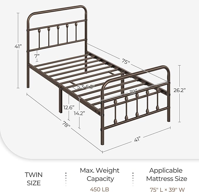 Yaheetech Classic Metal Platform Bed Frame Mattress Foundation with Victorian Style Iron-Art Headboard/Footboard/Under Bed Storage/No Box Spring Needed/Twin Size Bronze