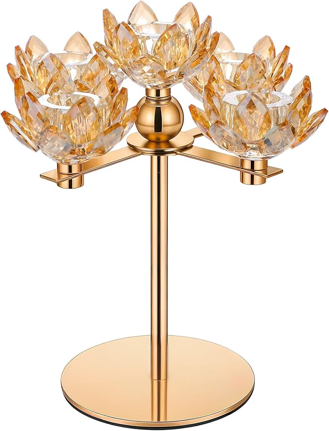 Crystal Candle Holders Lotus Candelabras Gold Arch Candlestick, Centerpiece Table, Home Hecor for Wedding, Dinning Room, Coffee Table, Kitchen, Living Room, Entryway (5 Arms, Gold, Taper Candle)