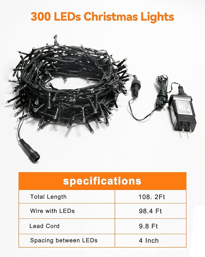 Blingstar Christmas String Lights - 98.4 Ft+9.8 Ft 300 LED Extendable Plug-in 8 Modes Multicolored Decorative Lights for Indoor Outdoor Xmas Tree Wedding Party, Long & Bright