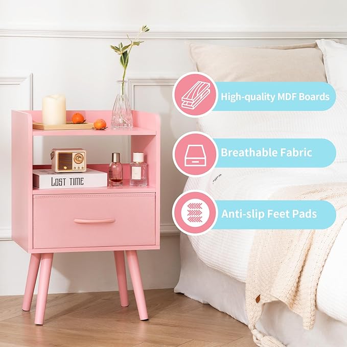 Yoobure Night Stand with Fabric Drawer, Modern Nightstand, Bedside Tables, Mid Century Nightstands with Open Storage Shelf, Wood Bedside Table, Small Night Stands for Bedrooms, 2-Tier Night Table