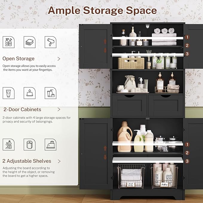 Iwell 57.8" H Tall Storage Cabinet with 2 Drawers & 2 Adjustable Shelves, Kitchen Cabinet with 4 Doors, Tall Cabinet for Living Room, Dining Room, Entryway, Black
