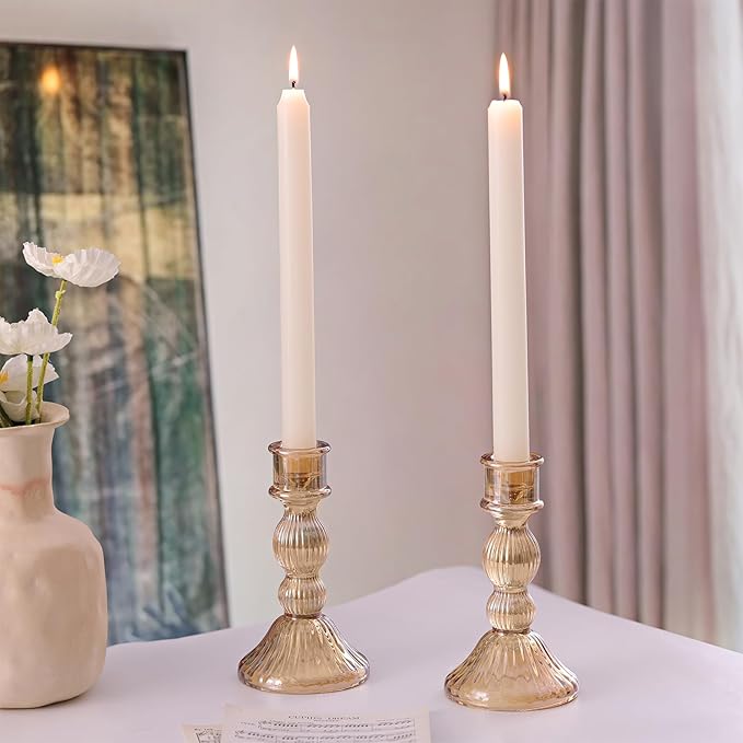 DARJEN 2 Pcs Gold Candlestick Holders - Vertical Stripe Glass Candle Holders for Taper and Votive Candles, Taper Candle Holder for Party, Wedding, Home Table Centerpieces & Gifts