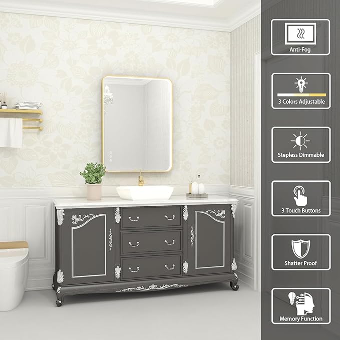 LED Bathroom Mirror with Lights, 24x32 Inch Gold Metal Framed LED Mirror for Bathroom, 3 Colors and Stepless Dimmable Wall Mounted Lighted Bathroom Vanity Mirror, Anti-Fog, Memory