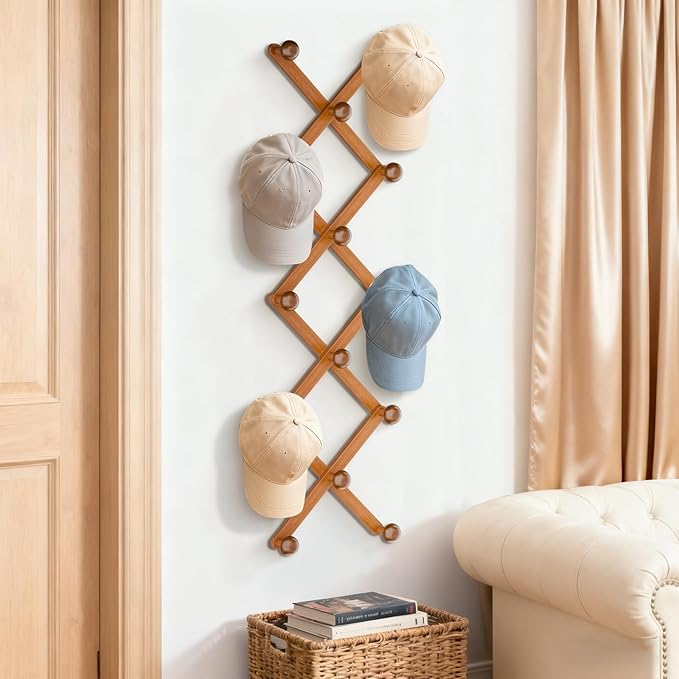 WGFKVAS Hat Rack for Wall with 14 Hooks, Solid Wooden, Expandable Coat Rack Wall Mount for Coats, Hats, Bags, Baseball Caps, Brown