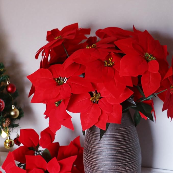 8 Pack Bulk Christmas Artificial Poinsettia Flowers Stem Bouquets Outdoors with 40pcs 8.2 Inch Red Poinsettia Flowers Heads for Christmas Tree, Xmas Garland, Vase, Window Box, Porch Decorations