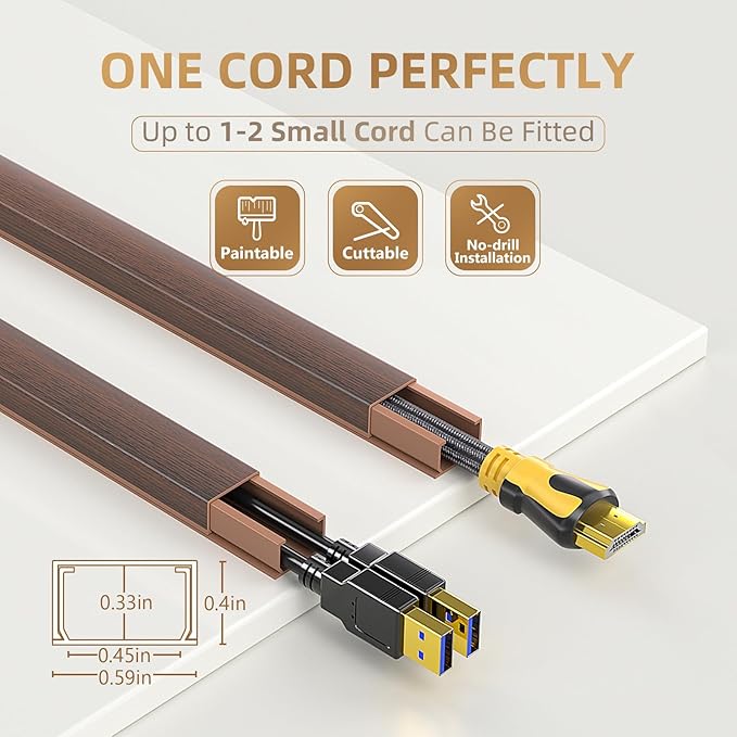 Delamu Cord Hider, 85in Cord Covers for 1 Wire on Wall, One-Cord Cable Hider, Easy Mount Wire Hiders Wire Covers for TV Cords on Wall, PVC Cable Cover Management Kit, 6X L14.2 W0.59 H0.4in, CherryWood
