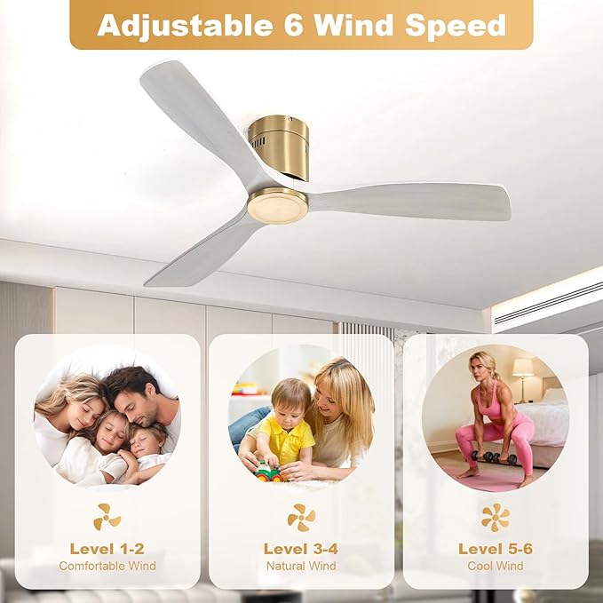 Sofucor 52 Inch Ceiling Fan No Light, Flush Mount Ceiling Fans with Remote, Solid Wood Indoor/Outdoor Ceiling Fans Without Lights, Reversiable DC Motor, Modern Ceiling Fan for Bedroom Farmhouse Patio