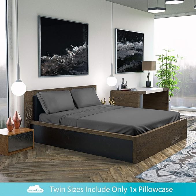 DREAMCARE Twin Sheets - Cooling Bed Sheets - 4pcs Set - up to 15" Deep Pocket Twin Bed Sheets - Twin Sheet Set - Soft Lasting 100% Fine Brushed Polyester with Side Pocket - D.Gray