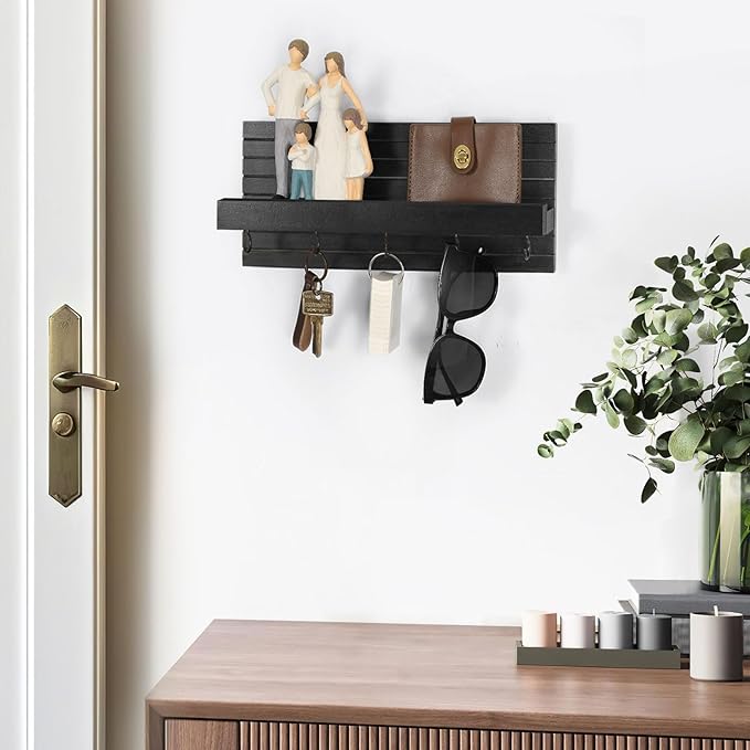 Decorative Key Holder for Wall with Shelf, Entryway Shelf with Hooks Holds Leashes, Jackets and Glasses – Sturdy Wood Keyholder Entrance Hanger with Mounting Hardware (Black, Medium)