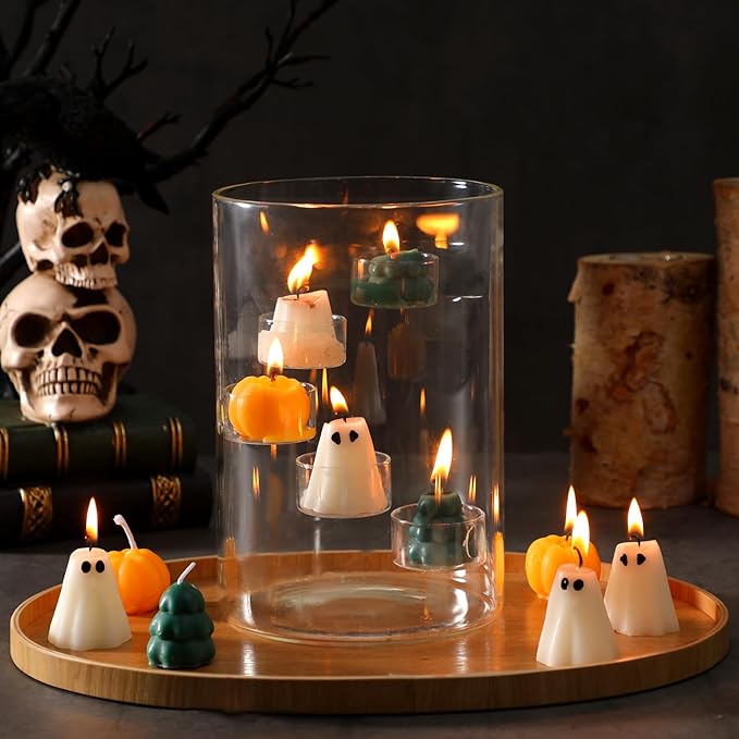Christmas Glass Hurricane Candle Holder with 18 Pcs Tree Pumpkin Ghost Candles and 5 Tea Light Cylinder Pillar Candle Holder for Xmas Thanksgiving Halloween Table Centerpiece Decorations