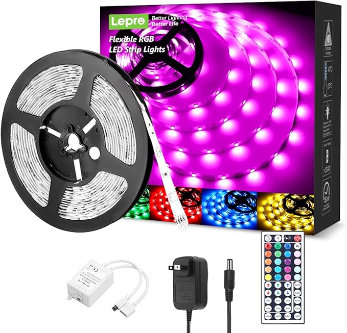 Lepro RGB LED Strip Lights, Christmas Decor, 16.4ft Flexible LED Light Strip, 5050 SMD LED, Color Changing Rope Light with Remote Controller and 24V Power Supply for TV Backlight, Home, Bedroom, Bar