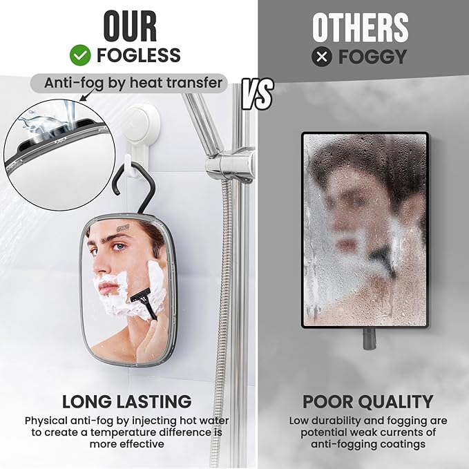 TAILI Fogless Mirror for Shower, Wall Hanging Mirror for Travel Camping, Removable Antifog Shaving for Shower Accessories, Bathroom, Portable, Shatterproof for Men, Women-Black