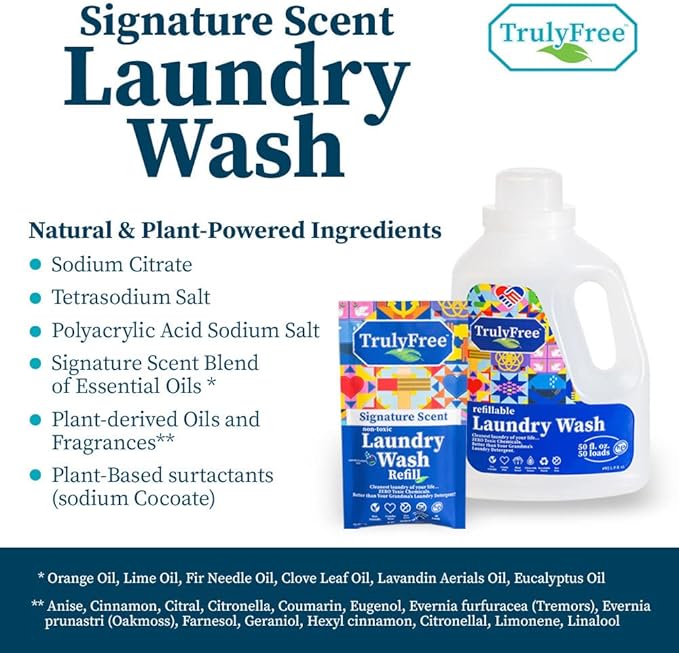 Natural Laundry Detergent for Sensitive Skin | Eco Friendly, Plant Based, Baby Clothes Safe | Clean & Easy Powder to Liquid, 5 Pack Detergent + 1 Refillable Jug | Signature Scent 250 Loads
