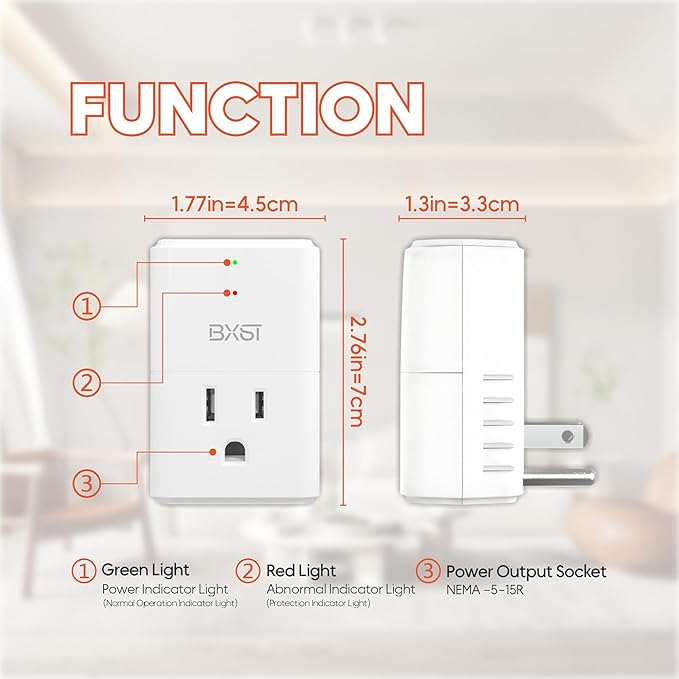 BXST 918J Single Outlet Surge Protector for Home Appliance Small Multi Function Plug with Surge Protection Wall Mount Power Suppressor for Refrigerator, TV, PC, Xbox, PS5, 120V, 1800W, 2 Pack